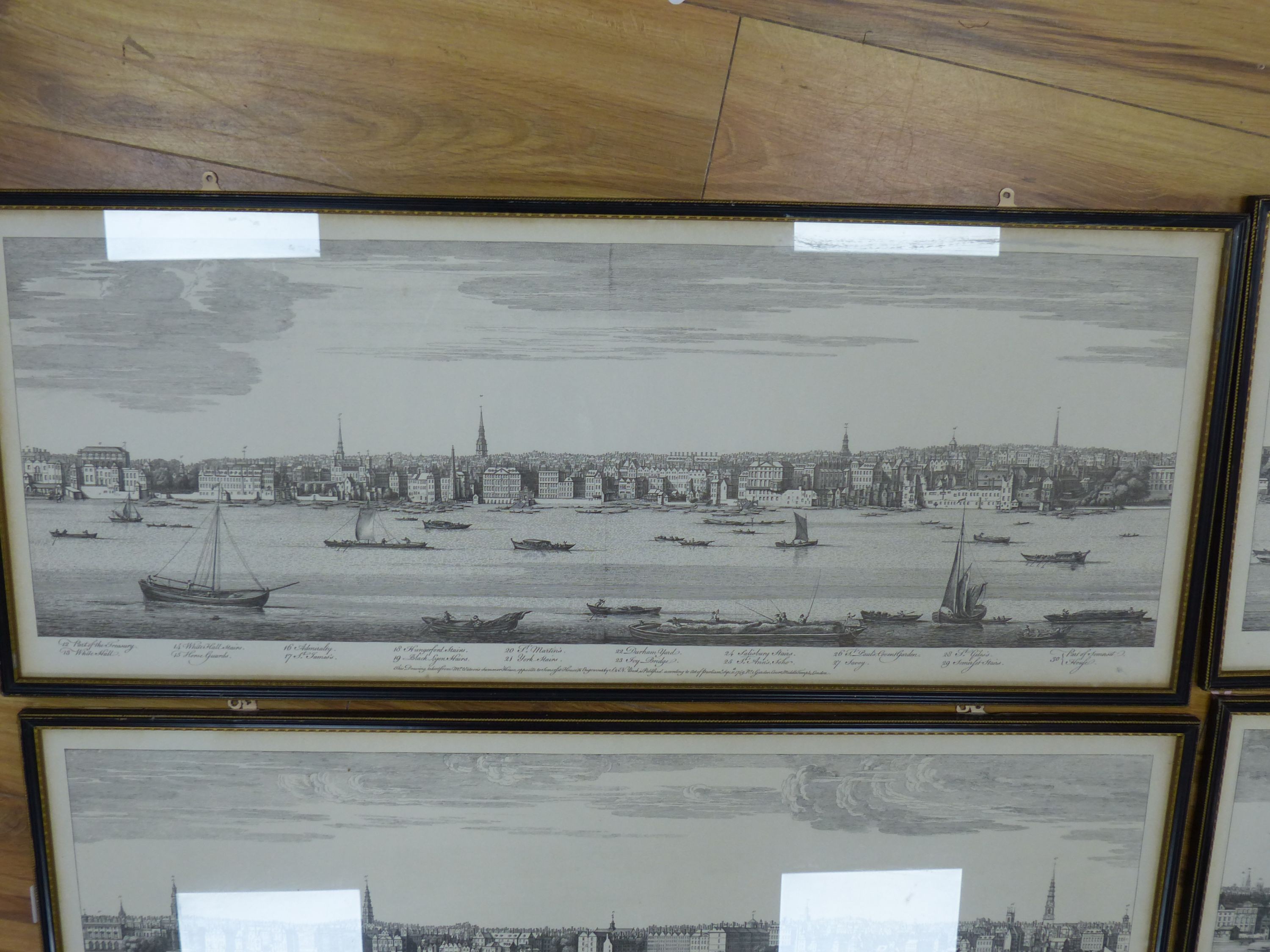 After S and N Buck, set of five reprints, Views along the River Thames in 1749, 32 x 82cm